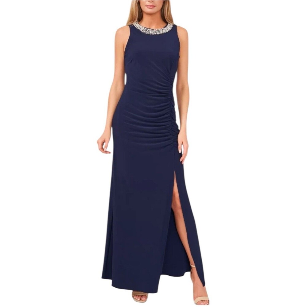 NEW MSK Embellished Gown Dress 14 Pearl Detail Navy Blue Front Slit Sleeveless